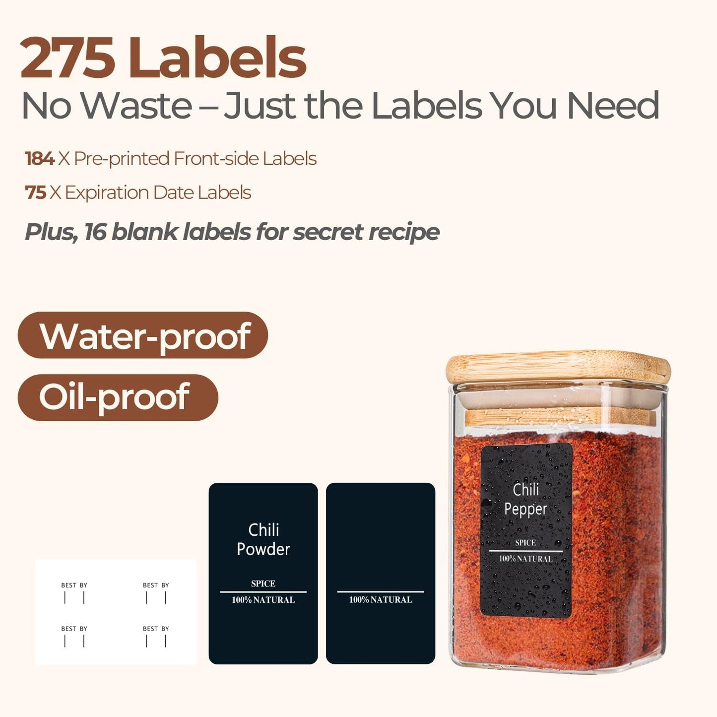 ComSaf 12Pcs Glass Spice Jars with Bamboo Lid, 8oz Airtight Square Containers with 275 Black Lables, Empty Seasoning Jars for Spice Salt Sugar