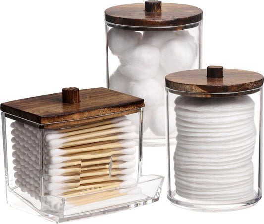 Tbestmax Qtips Holder Bathroom Container, 10 OZ Cotton Ball/Swabs Dispenser, Apothecary Jar Organizer for Storage Brown Wood Lids