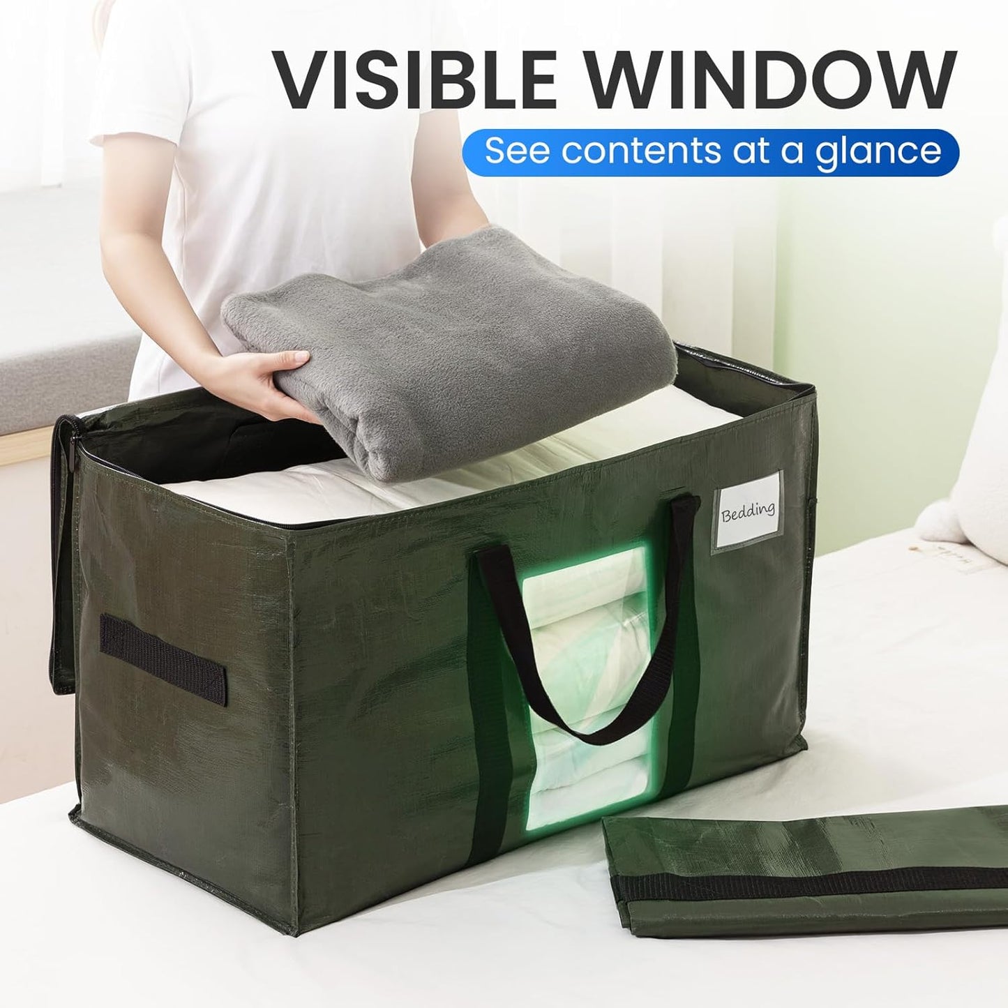 TAILI 12 Pack Green Extra Large Storage Bags, Heavy Duty Totes with Visible Window, Wrap Around Handles, Perfect for Moving and Storage