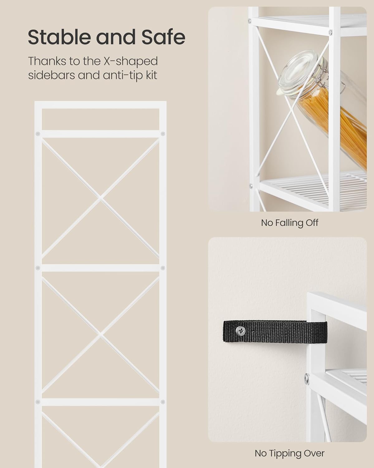 SONGMICS 5-Tier Metal Storage Rack, Shelving Unit with X Side Frames, Dense Mesh, 12.6 x 31.5 x 57.3 Inches, for Entryway, Kitchen, Living Room, Bathroom, Industrial Style, Cloud White UBSC185W01