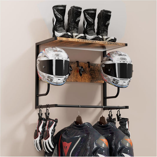 Motorcycle Helmet Holder Wall Mounted, Helmet Rack Wall Mount with Helmet Rack, 4 Glove Chips and 4 hooks, Rustic Helmets Holder and Motorcycle Helmets Racks for Most of Helmet and Clothes