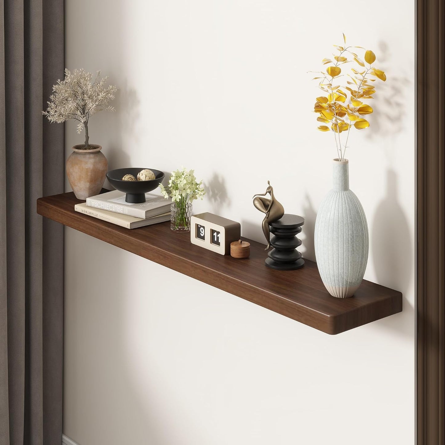 48" Rustic Walnut Wood Floating Shelves, 8 Inch Deep Wall Shelves for Home Decor, Wall Mounted Floating Shelf with Invisible Bracket, Heavy-Duty Storagefor Living Room, Bedroom, Kitchen, Set of 1