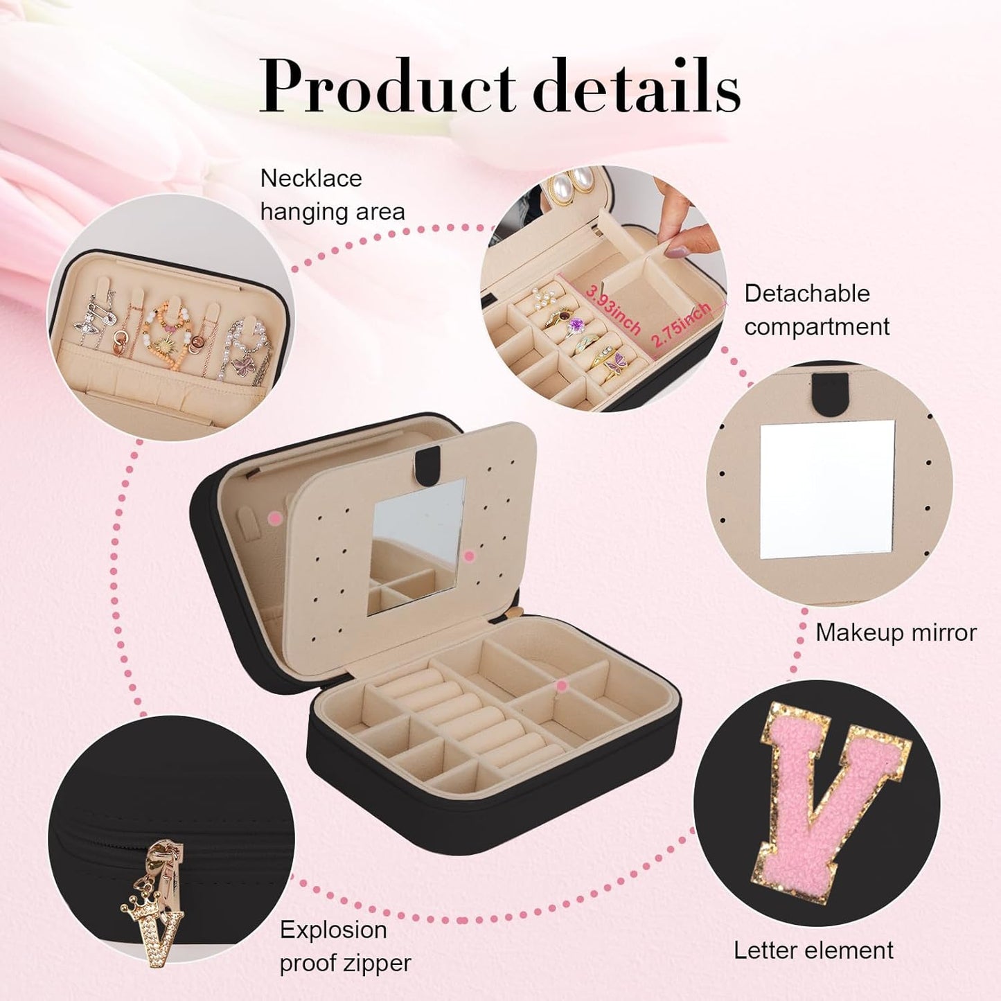 TopPerfekt Travel Jewelry Case, Jewelry Box with Mirror, Jewelry Organizer Bridal Shower Gifts to Her, Earring Storage Travel Case, Trendy Gift for Women and Girls, Girlfriend-Letter V, Black