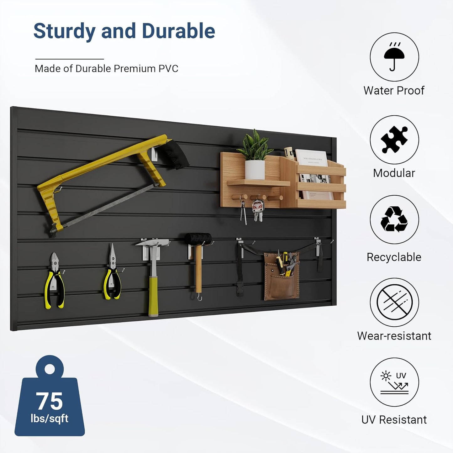 4FT x 2FT Black PVC Slatwall Panel, Modern Wall-Mounted Garage Storage System, 1 Shelf, 75 lbs Weight Capacity