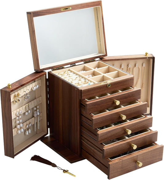 6-Layer Black Walnut Wooden Jewelry Box with Lock and Key, Large Luxury Jewelry Organizer Box for Women, Ideal Christmas Gift for Wife, Mom or Her, Earring & Necklace Storage with Ring Trays