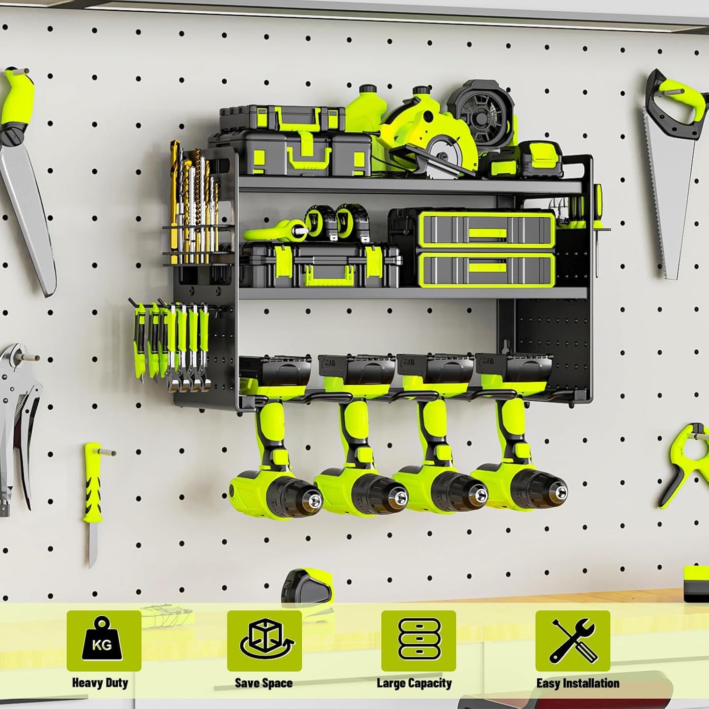 Power Tool Organizer Wall Mount, Drill Holder tool storage with Hooks & Screwdriver Organizer, Heavy Duty Iron 3 Layers Garage Storage Shelf for Workshop Shed Pegboard Basement(Black)