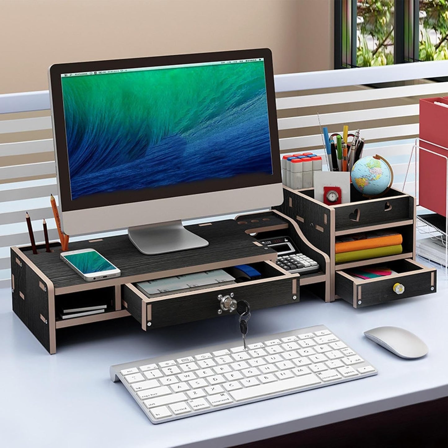 Desktop Computer Elevated Stand 48.8x20x10.5cm, Wooden Monitor Riser with Drawer, Organizer Shelf for Laptop, Printer, PC, TV Screen, Home, Dorm, Office