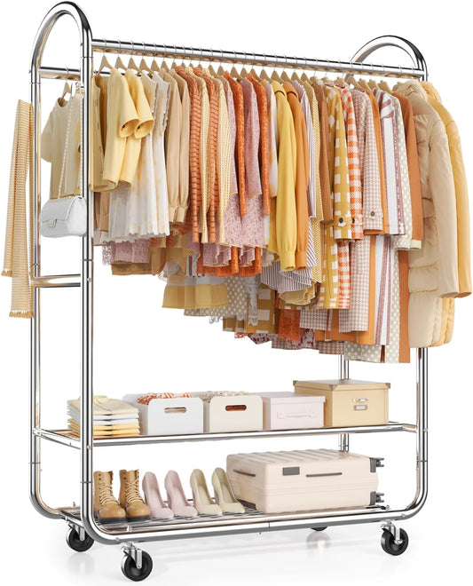 EAGMAK Heavy Duty Clothing Racks for Hanging Clothes 720 Lbs, Rolling Clothes Rack Double Rod Garment Rack with Lockable Wheels, Metal Closet Organizer for Bedroom, Laundry, Retail, Silver