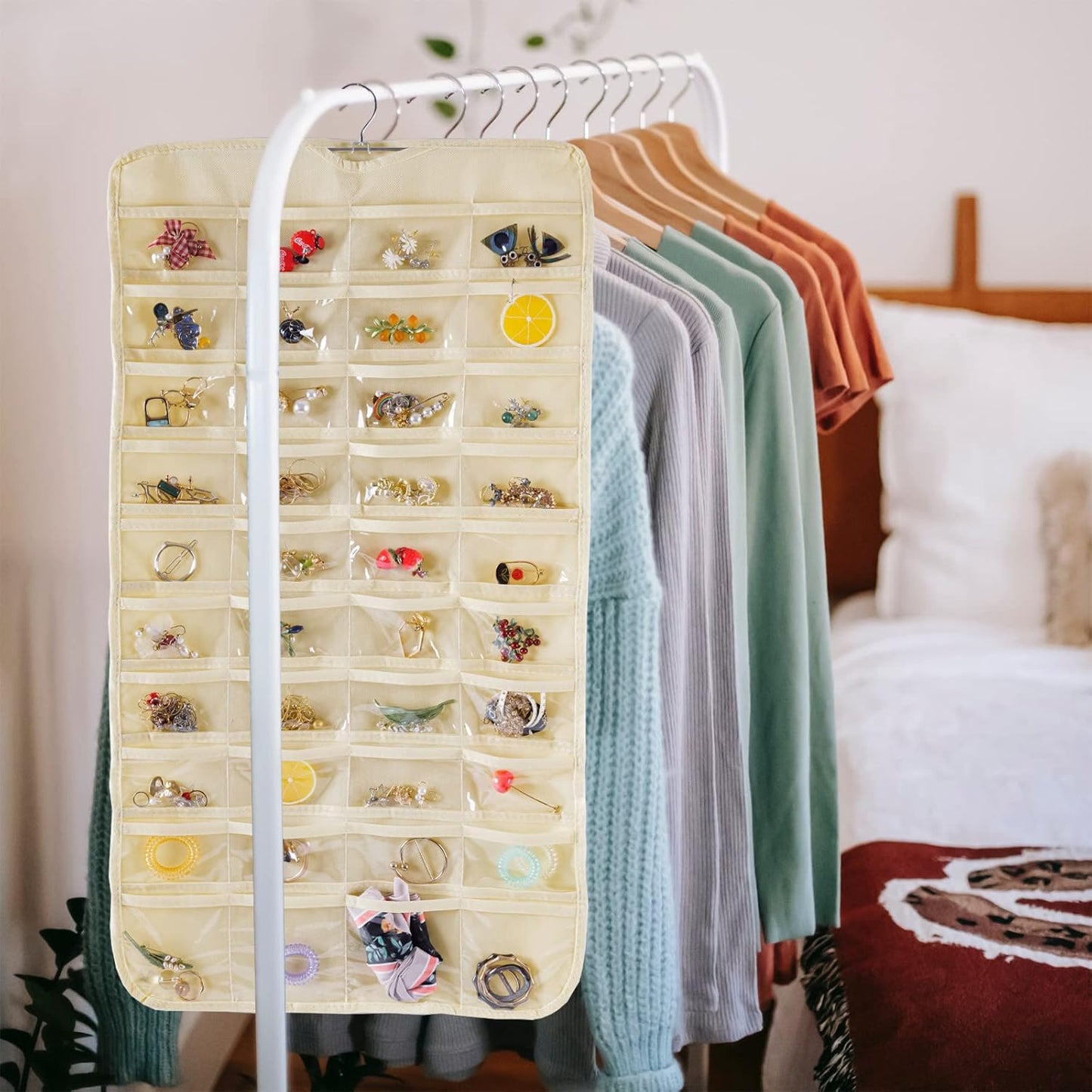 Bloss Hanging Jewelry Organizer 80 Pockets Hanging Double-Side Jewel Hanger For Jewelry Earring Storage, Jewelry Organizers and Storage for Wall, Door, Travel-Beige
