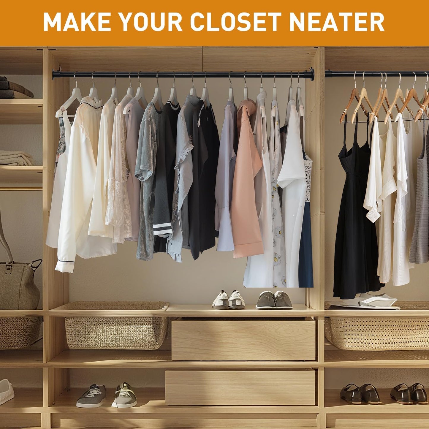Black Adjustable Closet Rod 18-63 Inches, Heavy Duty Metal Clothes Hanging Rod, Rust-Proof Non-Slip Wardrobe Bar for Closet, Laundry Room, RV