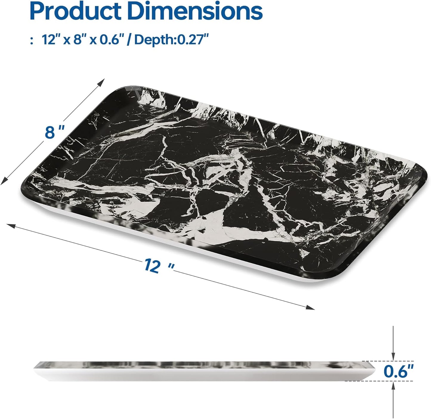 Vanity Decorative Tray, 12" x 8" Black Marble Pattern Perfume Tray, Bathroom & Countertop Organizer for Soap, Jewelry, Candle