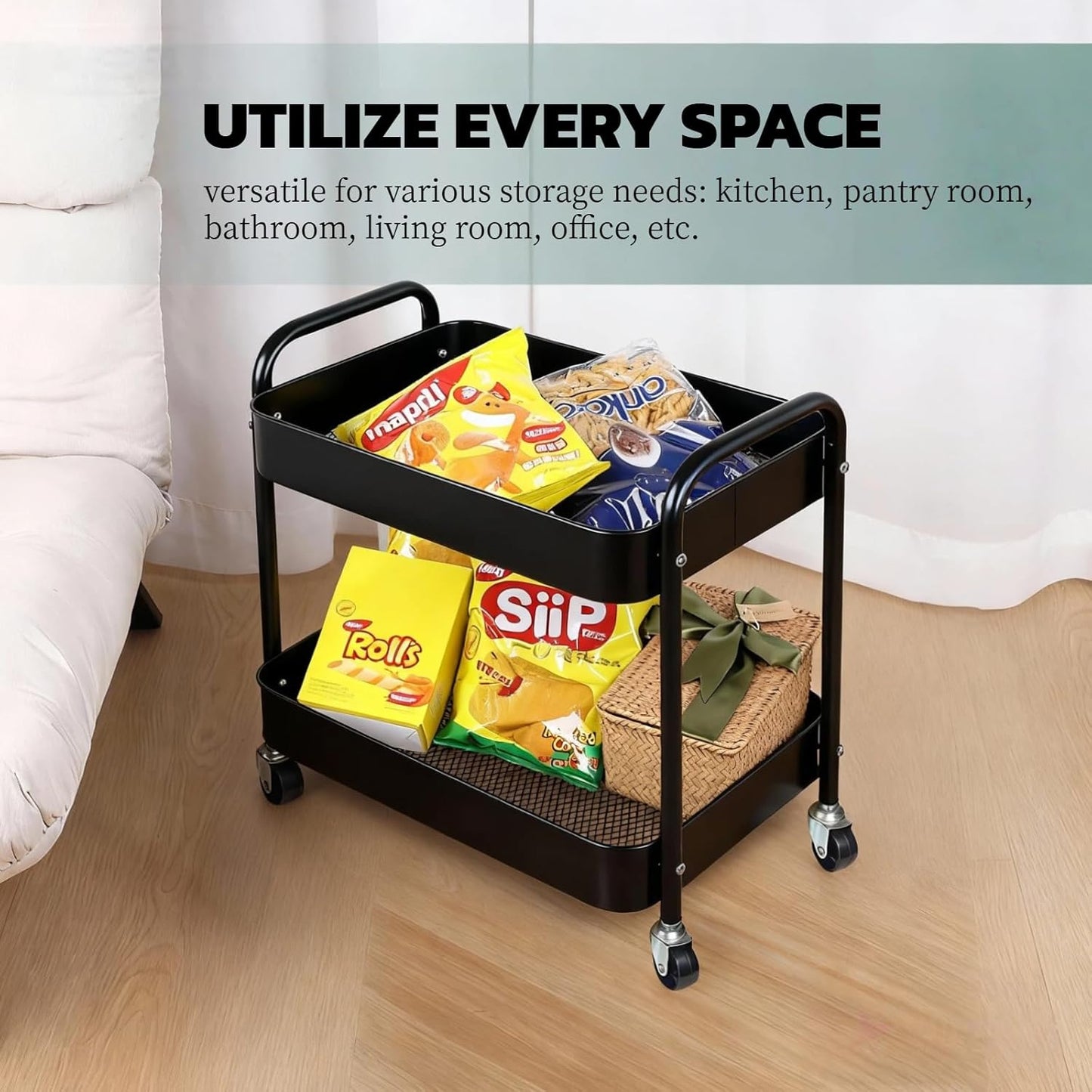 2 Tier Metal Rolling Utility Cart with Wheels Under Desk Storage Cart with Handle, Roll Around Organizer Trolley for Small Space Pantry Bathroom Home Kitchen Office Snack Baby Supplies, Black