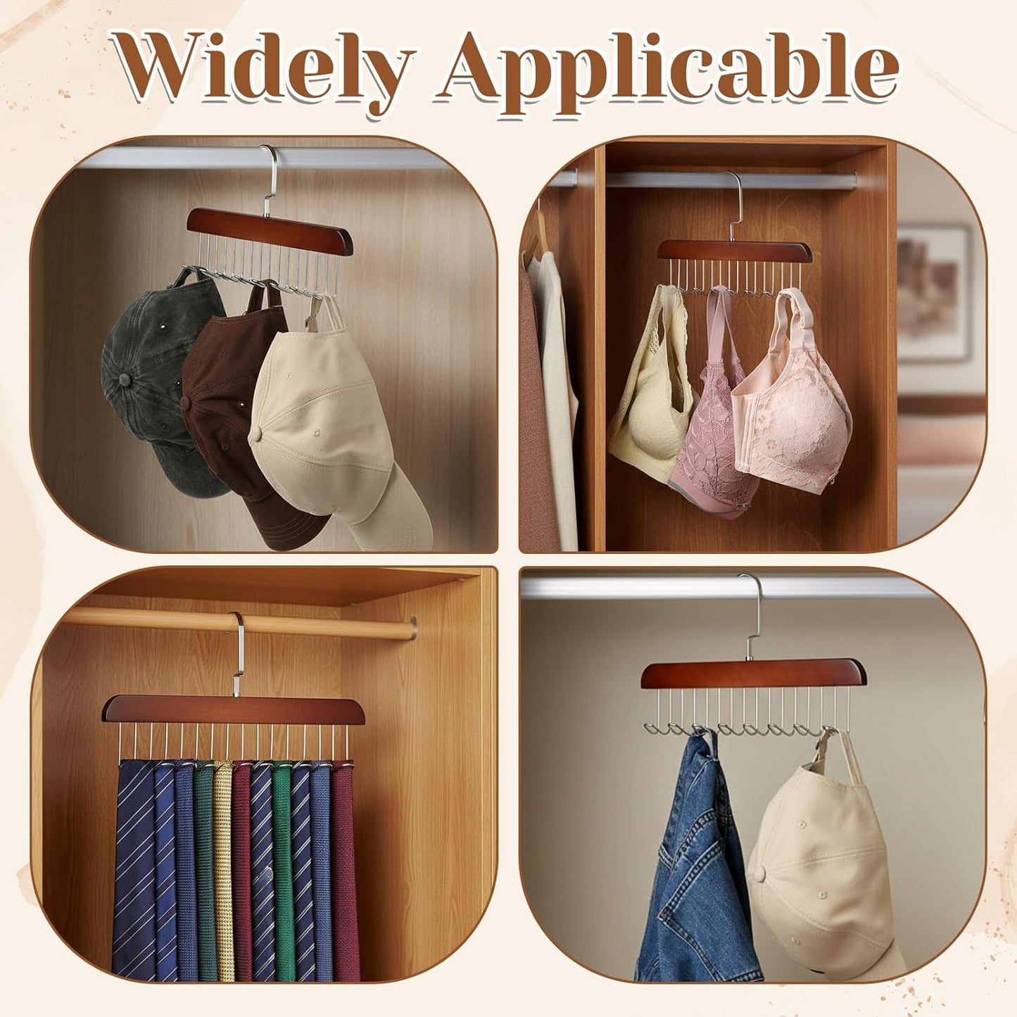 4 PCS Tie Holders for Closet, Belt Rack Wooden Bra Hangers for Closet Organizer with 32 Hooks Belt Holder Tie Hangers for Men 360-Degree Rotatable Space Saving for Ties, Scarves and Handbags