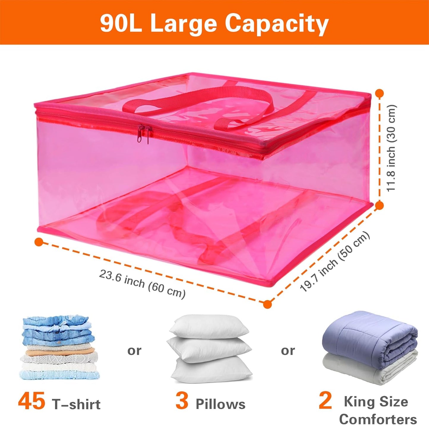 Vieshful 90L Clear Clothes Storage Bag with Zipper 3 Pack Colorful Clothes Organizer Vinyl Storage Bag for Comforter, Blanket, Bedding, Duvet, Transparent Moving Totes, Pink
