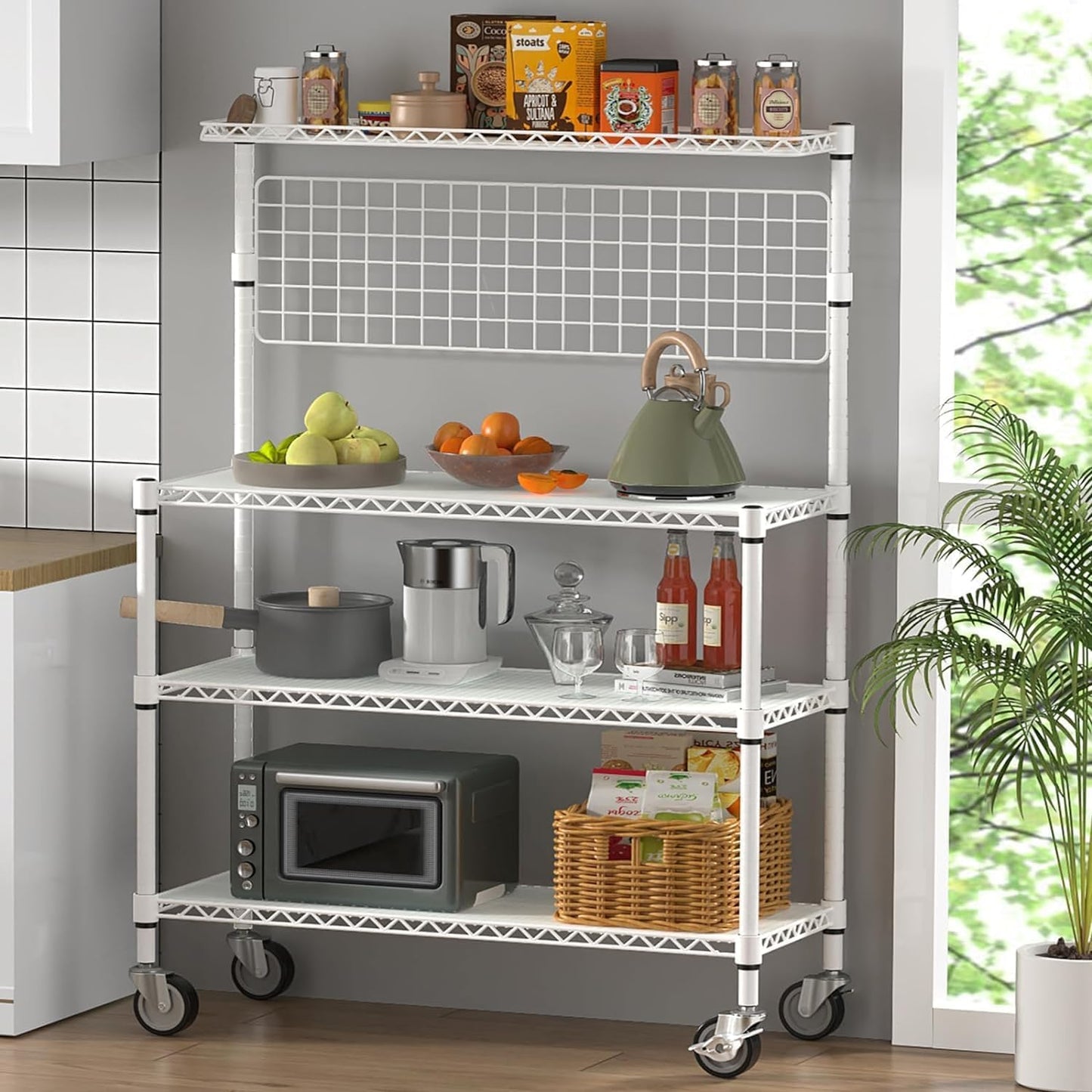 Leteuke Bakers Rack with Storage & Wheels, 42 Inch Microwave Stand Kitchen Shelves, 4-Tier Heavy Duty Microwave Cart Storage Rack with 20 S-Hooks, Metal Utility Kitchen Cart, 42× 18× 63 Inch, White
