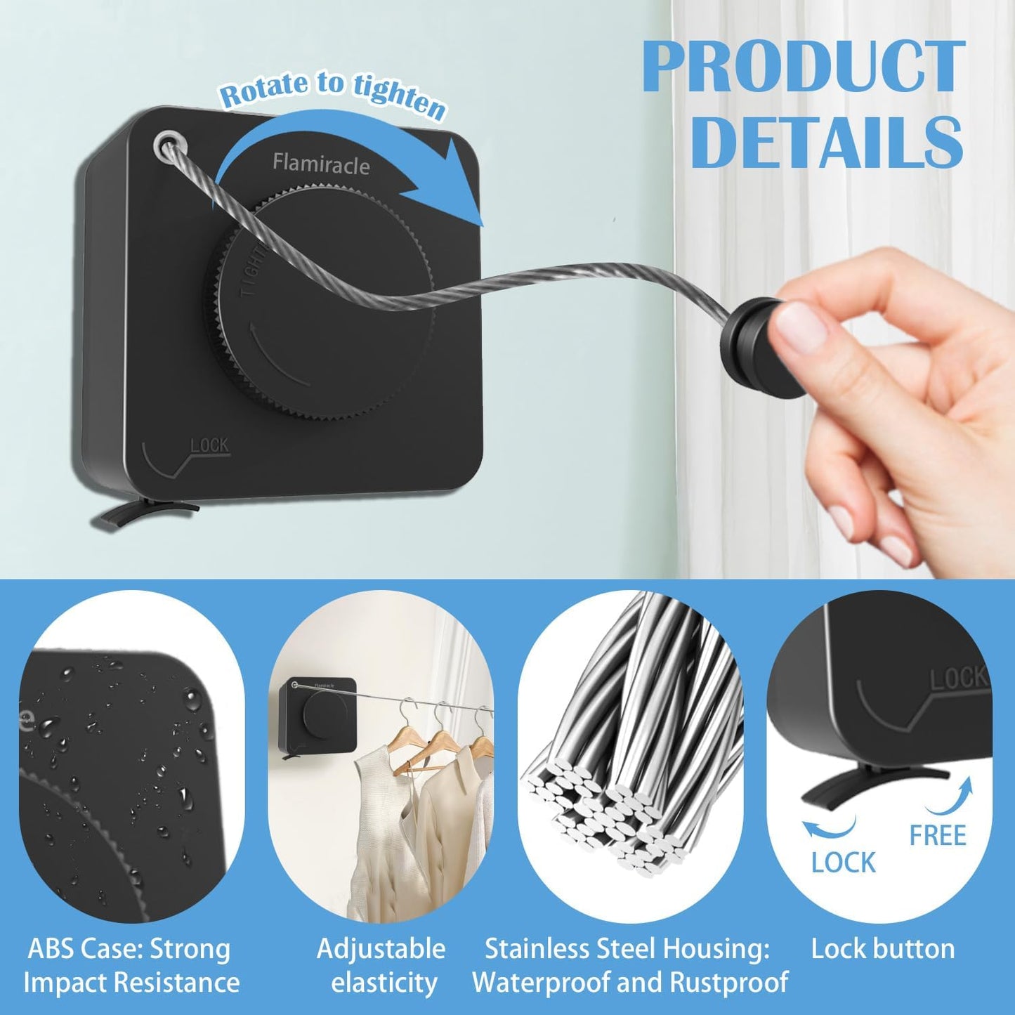 Retractable Clothesline Indoor, Non-Sagging Outdoor Clothes Line Retracting 15.7 Feet Heavy Duty Laundry Line Retractable Wall Mounted Clothes Line Outdoors (Square-Black)