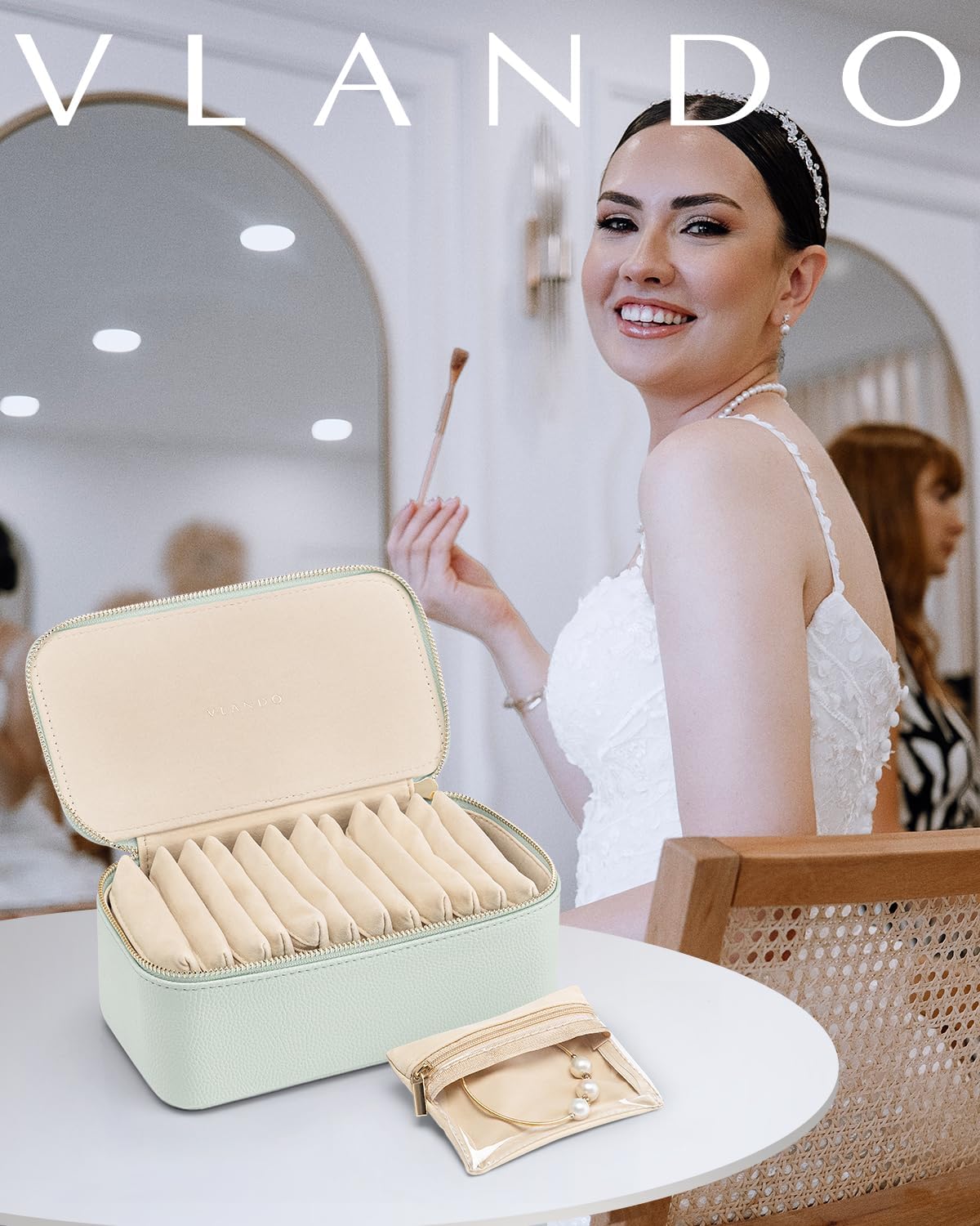 Vlando Jewelry Organizer with 12 Velvet Jewelry Bags Travel Jewelry Case for Girls Premium Petal Hardware Jewelry Box Necklace Rings Earrings Bags Birthday Christmas Gifts for Self-Mint Green