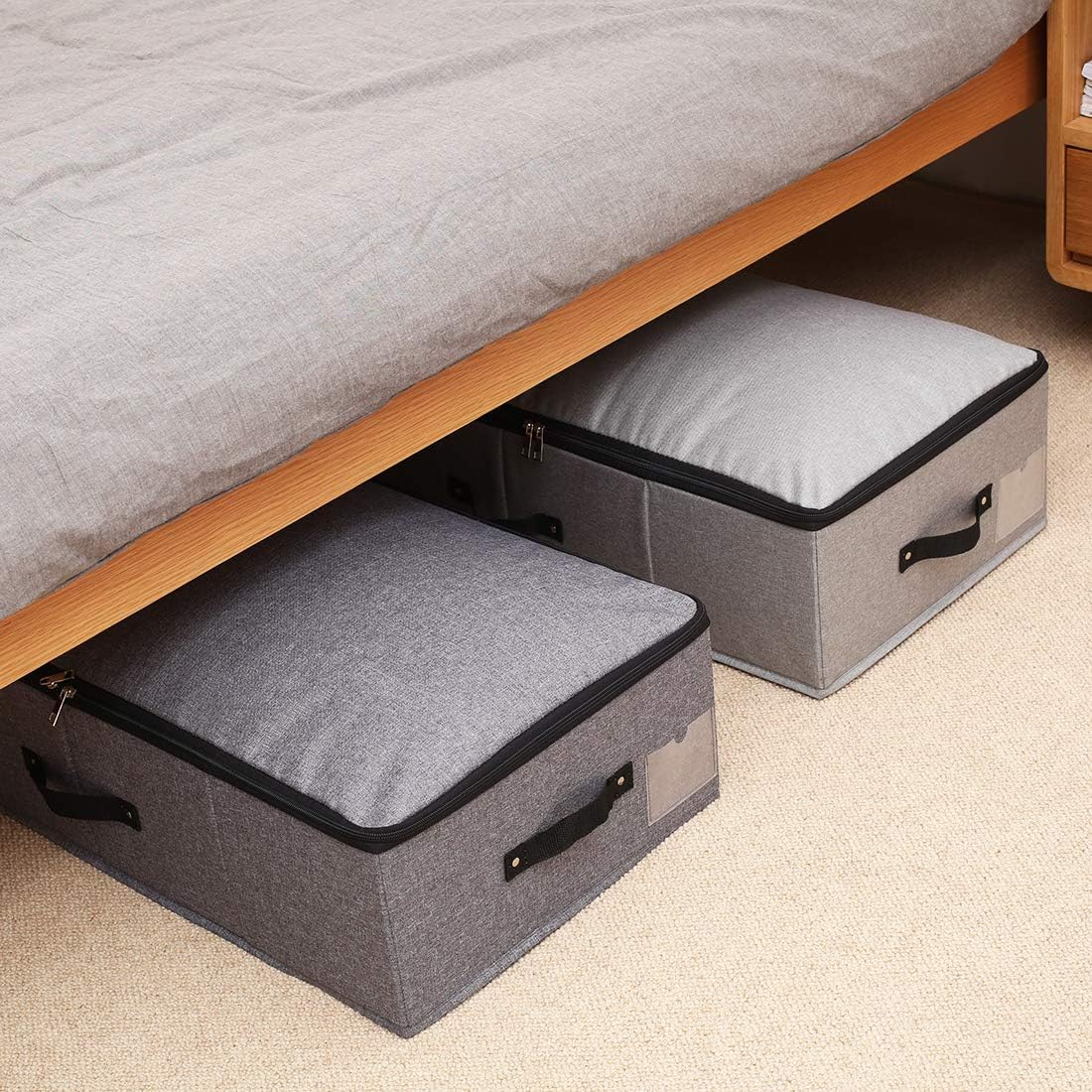 AMJ 29.5"*15"*7", Rigid Under Bed Garment Storage Bins, Folding & Washable, Soft Zip Lid, Black Gray