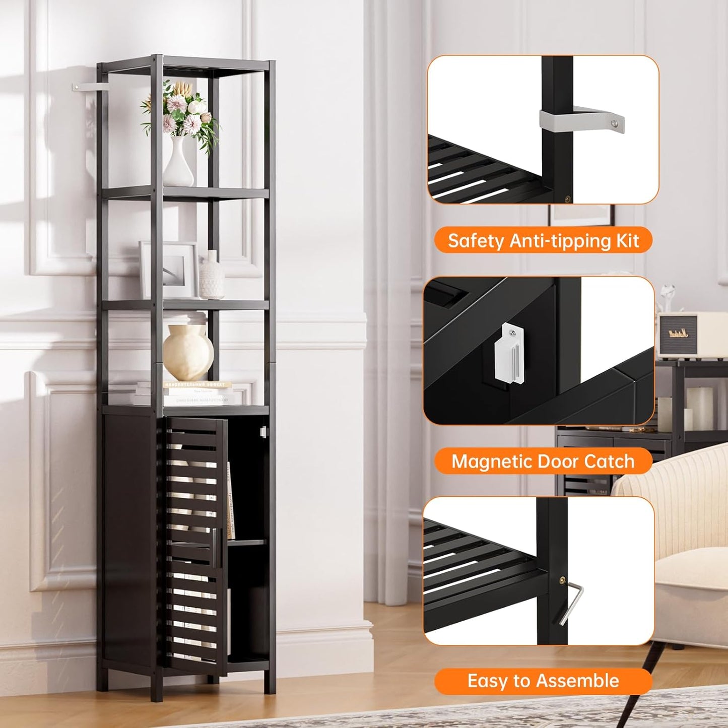 HITNET Bathroom Cabinet Freestanding, Tall Slim Bamboo Storage Cabinet with Shelves and Door, Space Saving Kitchen Cupboard Organizer, Black