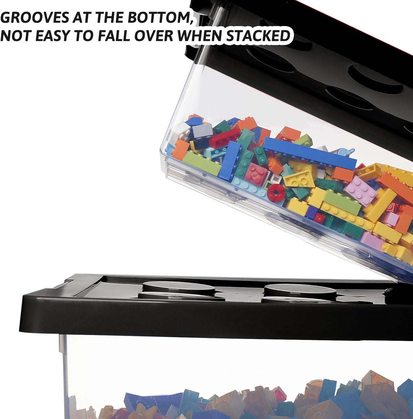loobuu Plastic Storage Bins with Lids - Stackable Toy Storage Organizer Box Set of 2, Toy Chests with Compatible Building Baseplate and Lid, Storage Container for Building Bricks & Toys- Black