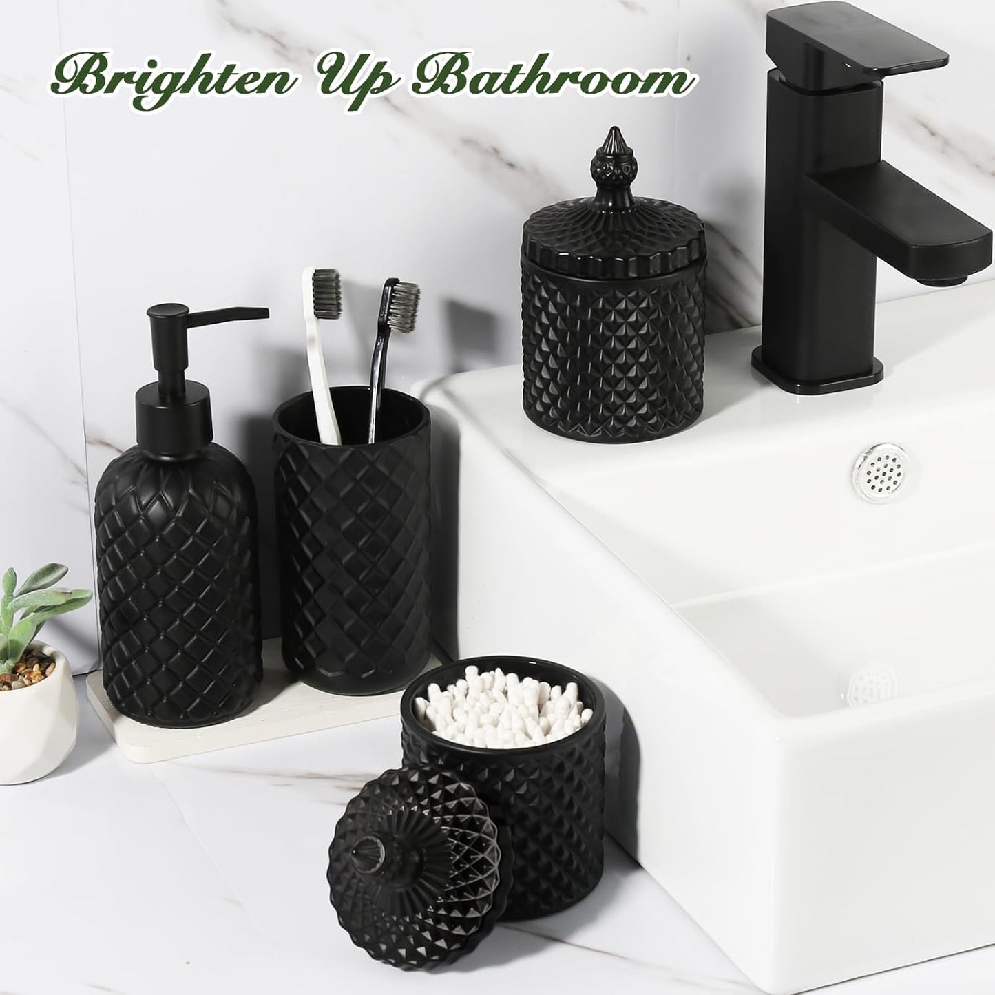 Matte Black Bathroom Accessories Set, 4 Pack Black Bath Accessory Sets Complete, Diamond Glass Soap Dispenser and Toothbrush Holder Set for Countertop, Gothic Decor Organizer Essentials