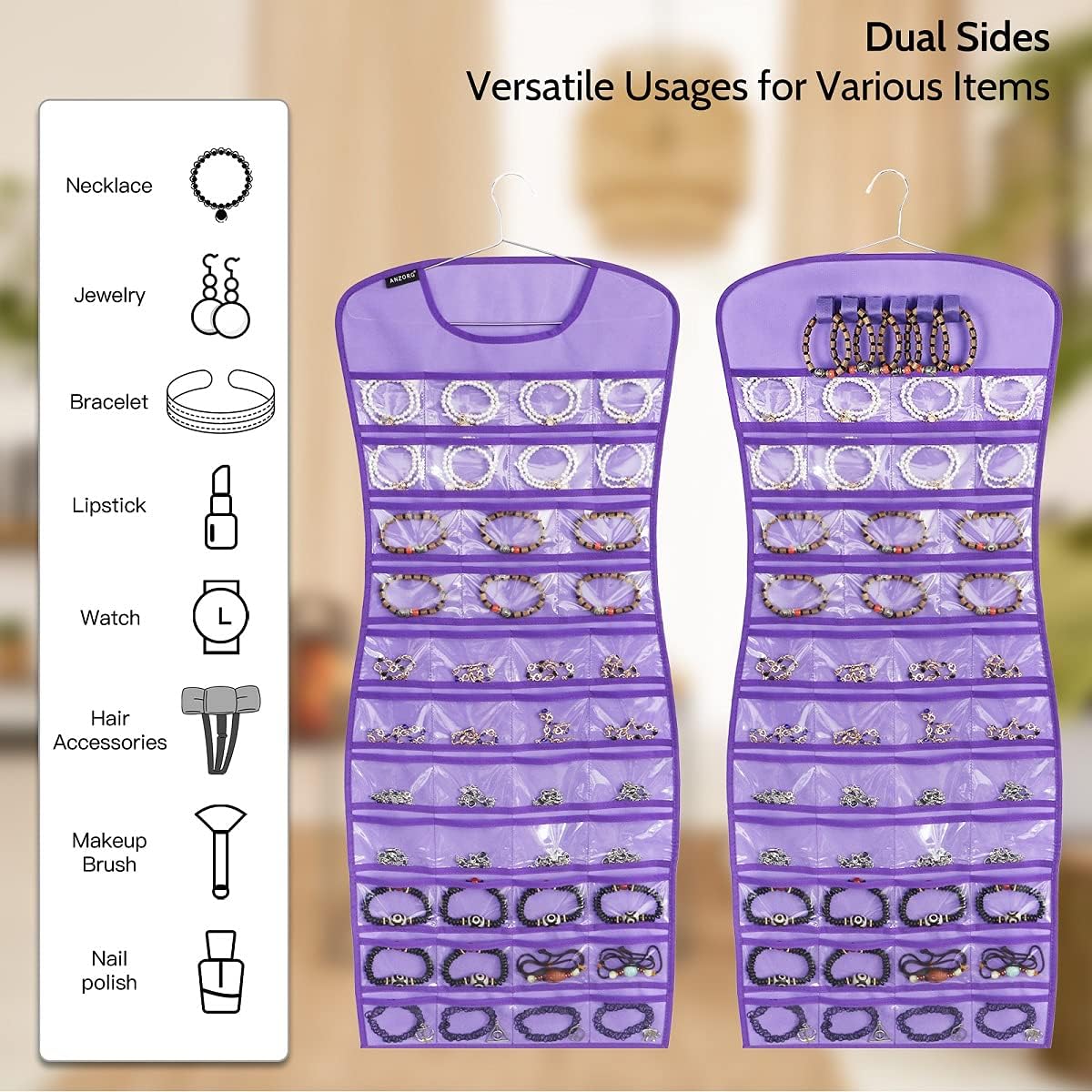 Hanging Jewelry Organizer Dual Sided 84 Clear Pockets and 6 Hook Loops Storage for Holding Jewelries Hair Accessories Dress Shaped Earring Holder (84 Pockets and 6 Hook Loops -Purple)