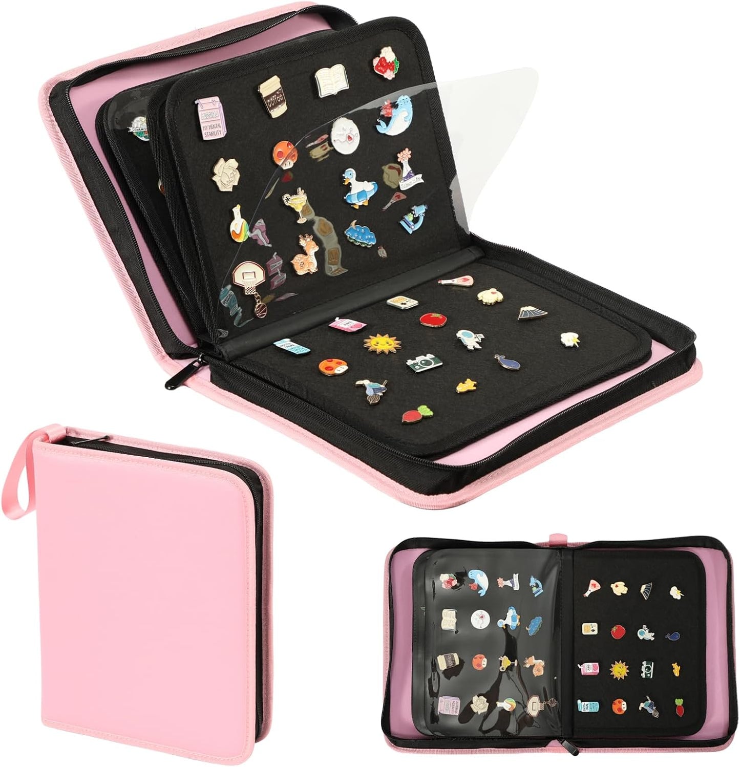 Enamel Pin Display Book, 6-Page Pin Trading Book, Portable Pin Bag and Pin Board (PU Pink)
