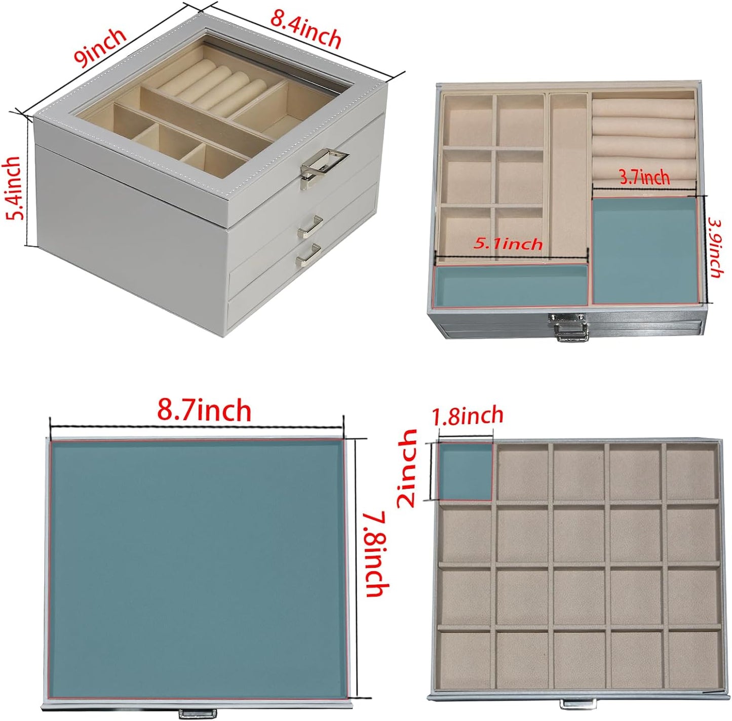 BOOVO Clear Lid Jewelry Box,3 Layers Jewelry Organizer Large Multi-Functional Jewelry Storage Box with 2 Drawers,Jewelry Display Case of Rings Earrings Necklace Bracelets for Women Girls (Grey)