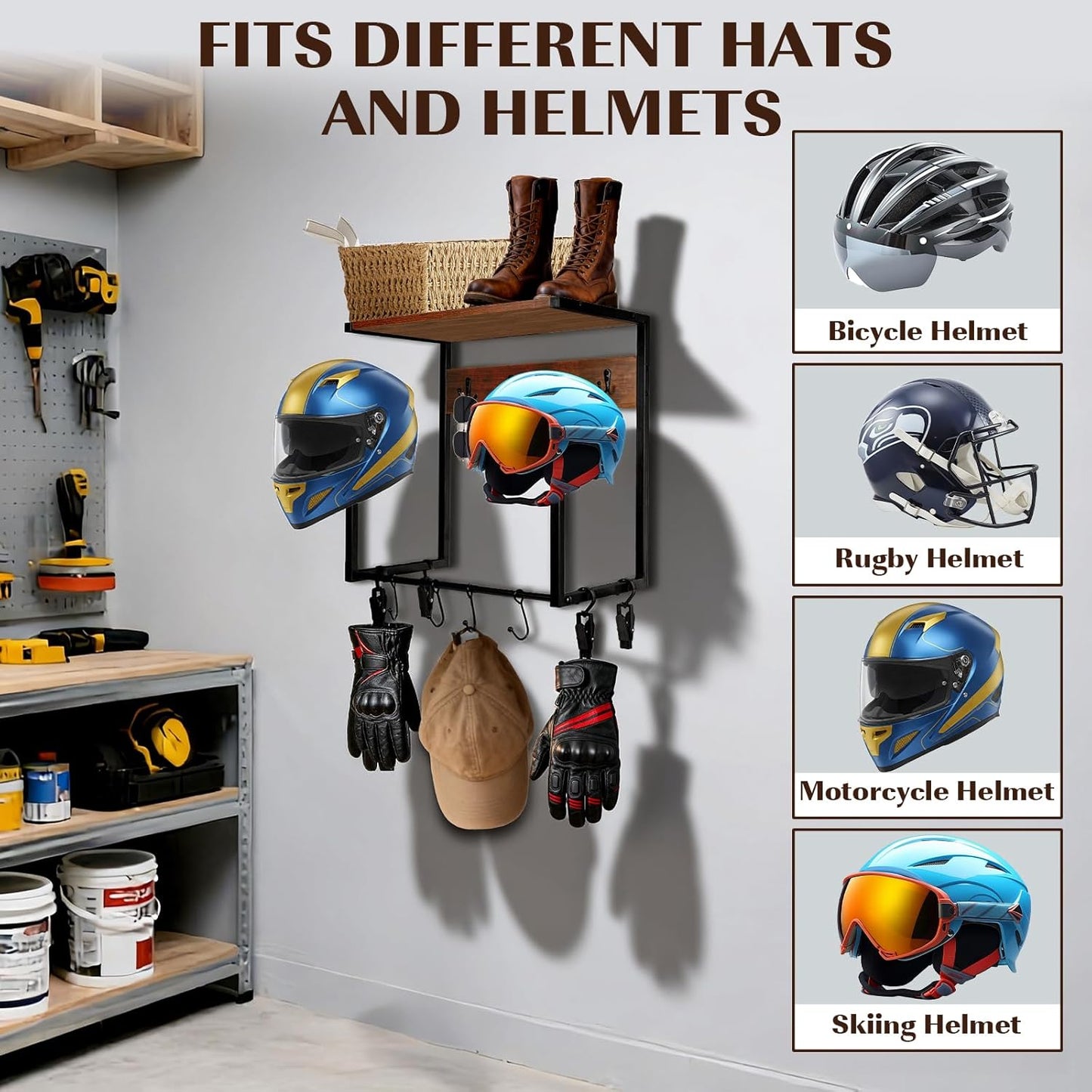 Motorcycle Helmet Holder Wall Mount, Wooden Helmet Display Stands with Metal Frame Tiered Organizer,with 2 Helmet Rack,4 Glove Chips and 8 Hooks for Motorcycle Gear Accessories Storage