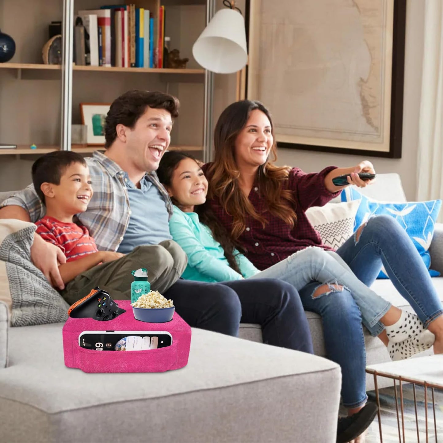 Couch Bed Cup Holder Pillow, Nisdoing 5 Hole Couch Drink Holder! Keep Drinks Hand Side and KeepTemp, Prevent Spills and Use Anywhere. Cup Holder for Couch, Bed,Camping,RV,Car,Beach.Pink