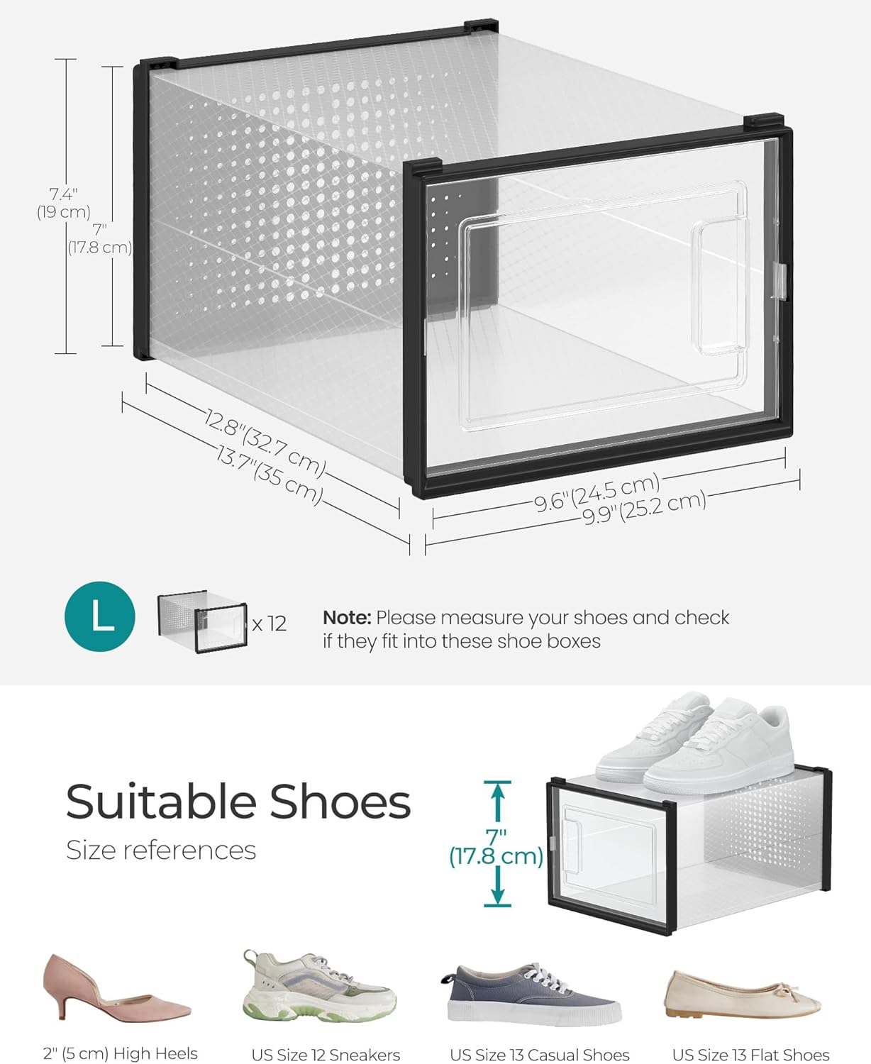 SONGMICS Shoe Boxes, Pack of 12 Shoe Storage Organizers, Stackable Clear Plastic Boxes for Closet, Sneakers, 13.7 x 9.9 x 7.4 Inches, Transparent and Black ULSP007B12
