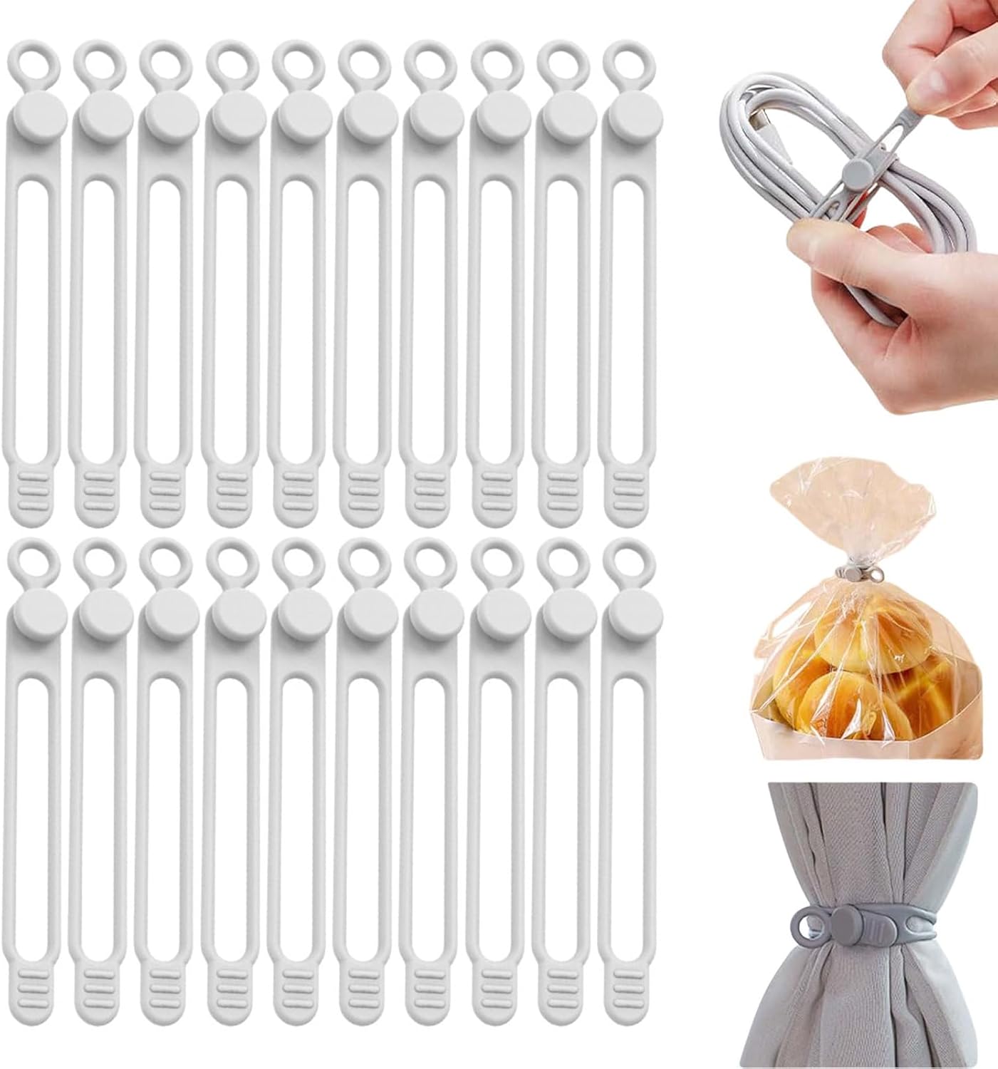 Data Cable Organizer, Silicone Cable Ties Reusable - Elastic Cord Organizer for Electronics, Adjustable Wire Ties for Cable Management,Computer Wires,Phone Charger,Earphone,Home Office (White, 10PCS)