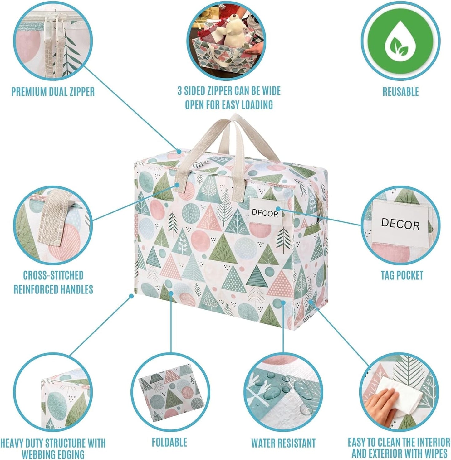 VENO 4 Pack Heavy Duty Moving Bags, Storage Bags, Packing Supplies, Top Zipper, Storage Totes for Camping, Clothes, Bedding, Comforters, Pillows, Christmas Pattern (13 Gallon, Pastel Forest, 4 Pack)
