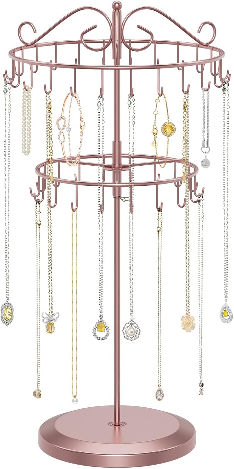 iDavosic.ly 2 Tier Rotating Necklace Holder Organizer with 42 Hooks, Adjustable Metal Bracelet Display Stand Rack, Extra Tall Keychain Spinning Tree Tower for Women, Rose Gold