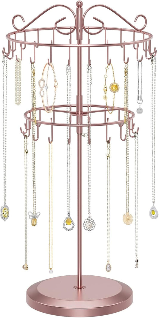 iDavosic.ly 2 Tier Rotating Necklace Holder Organizer with 42 Hooks, Adjustable Metal Bracelet Display Stand Rack, Extra Tall Keychain Spinning Tree Tower for Women, Rose Gold