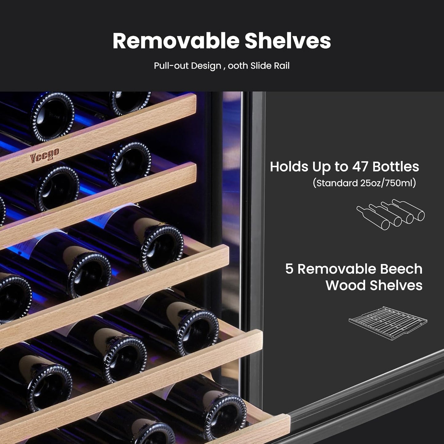 Yeego Wine Fridge Cooler - 24 Inch Wine Fridge Hold 47 Bottles, 40-65°F Wine Refrigerator Glass Door, Built in, Freestanding Under Counter Fridge for Beer Soda Drink Home Bar Office(5.12 Cu.ft)