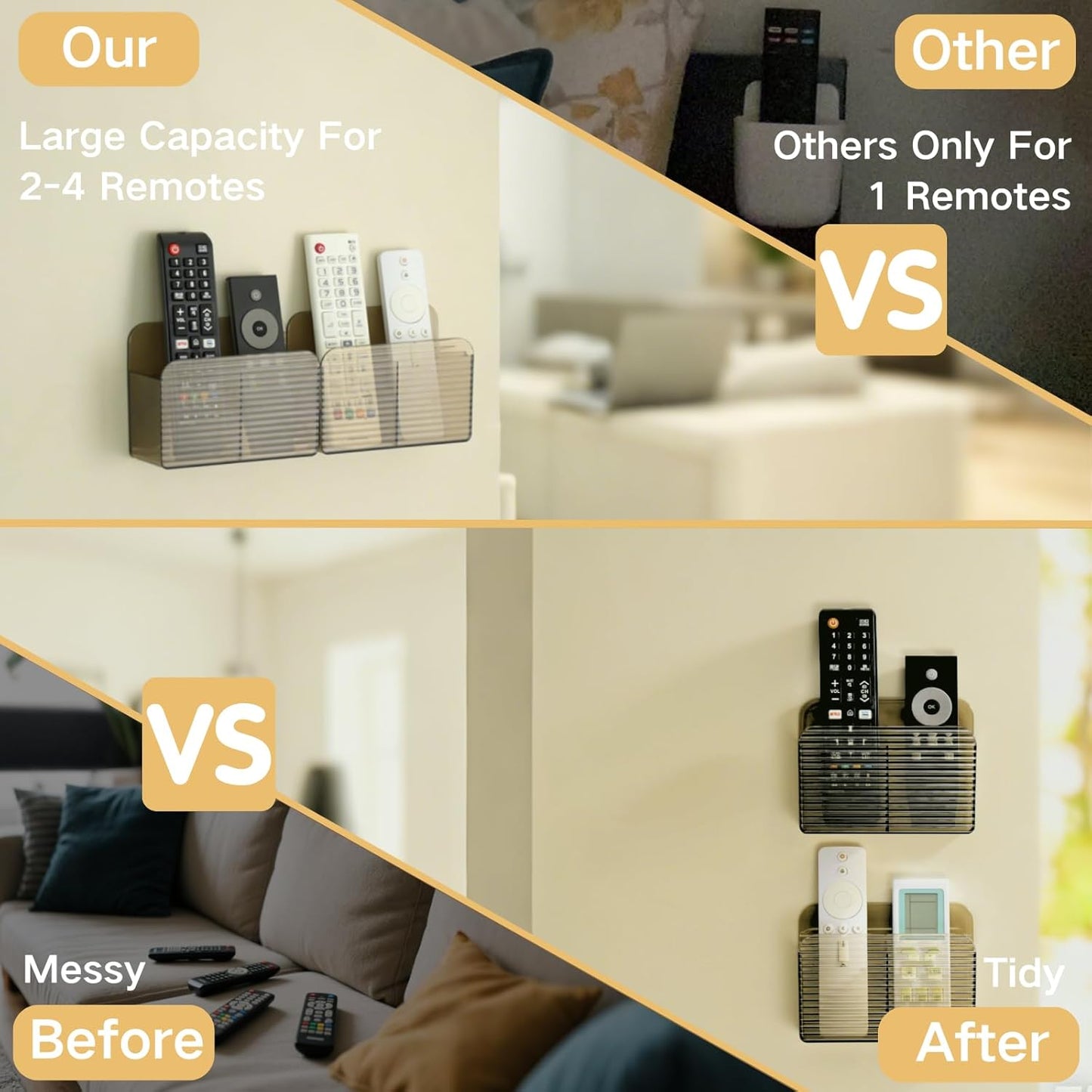 LINFIDITE 2 Pack Adhesive TV Remote Control Holder Wall Mount TV Remote Holder For Bedside Wall Remote Control Caddy Storage Organizer Stand Box （For 2 Or 4 Remote Controls – Clear Brown）