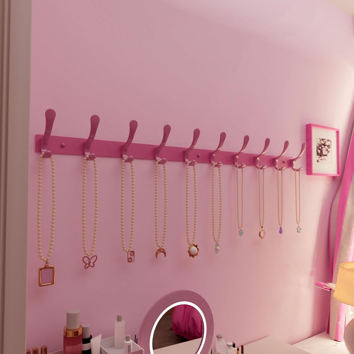 SKOLOO Coat Rack Wall Mounted - 10 Hooks, Heavy Duty, Stainless Steel, Metal Wall Hanger, Sturdy Coat Hooks for Hanging Coats, Jackets, Clothes, Hats - Pink