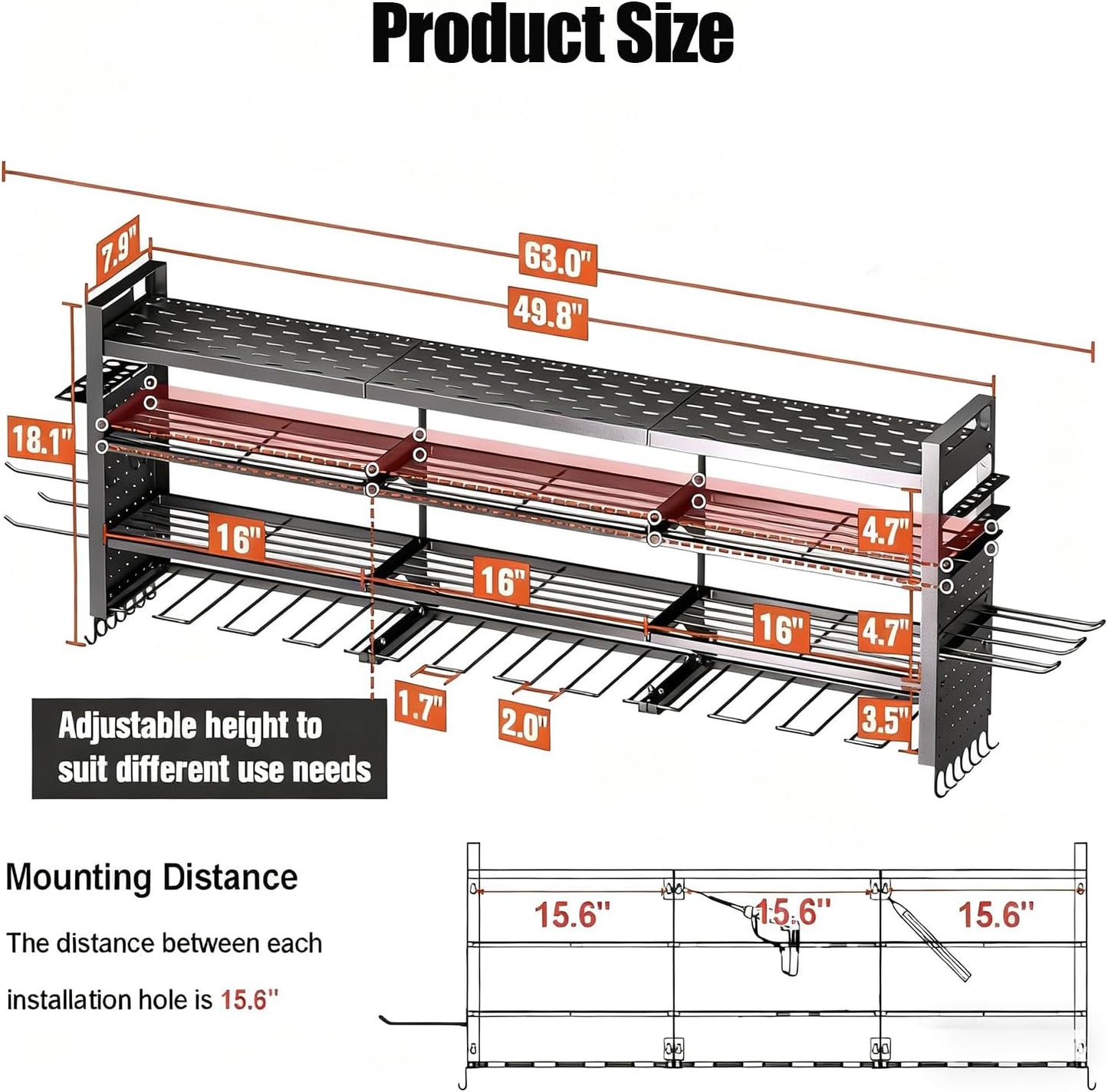 49" W Super Large Power Tool Organizer Wall Mount,Heavy Duty Cordless Tool Organizer with 14 Drill Holder,450 Lbs Capacity 4-Layer Garage Organization for Garage and Workshop (Black)