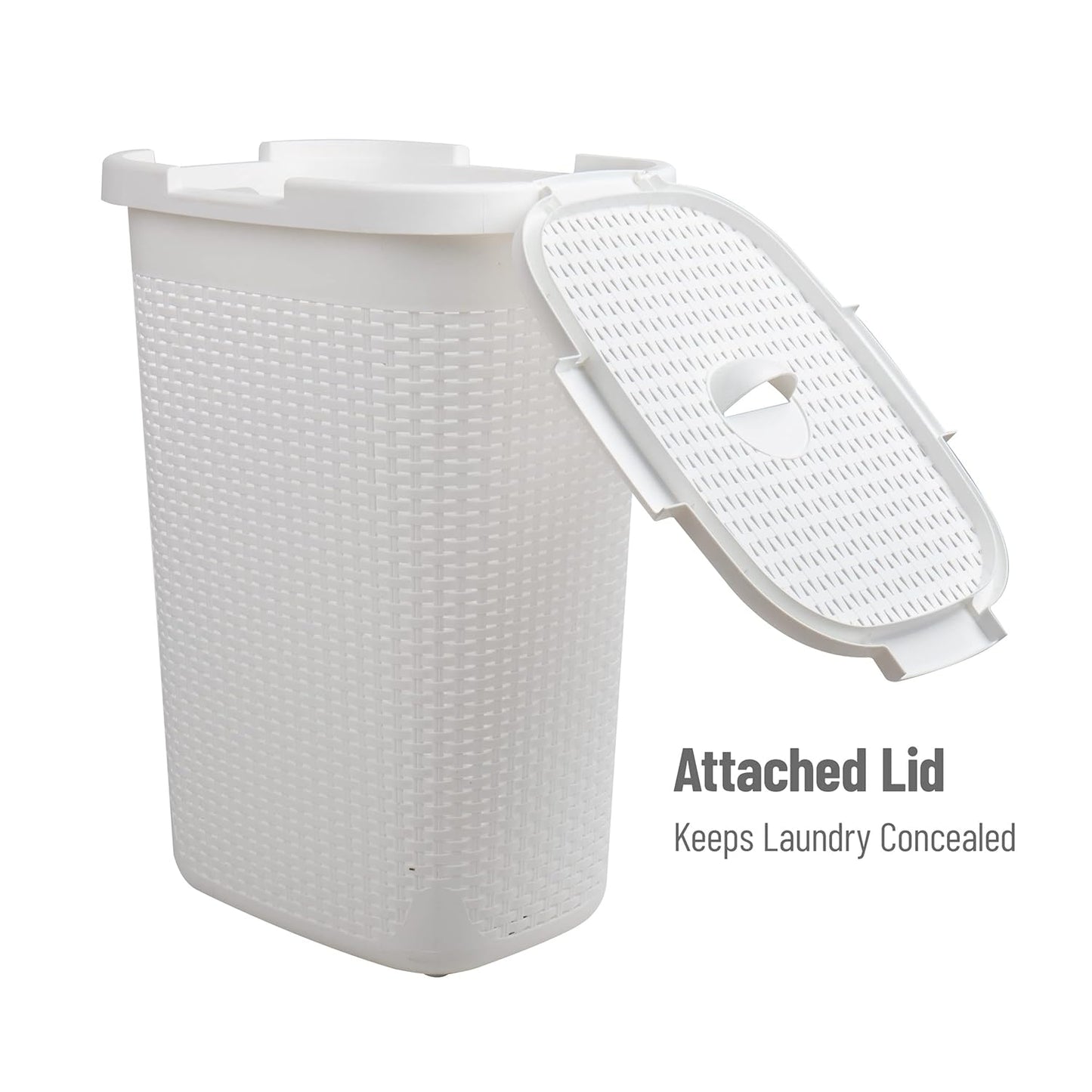 Mind Reader Slim Laundry Hamper with Lid, 60L Clothes Basket, Premium Wicker Design, Plastic, White