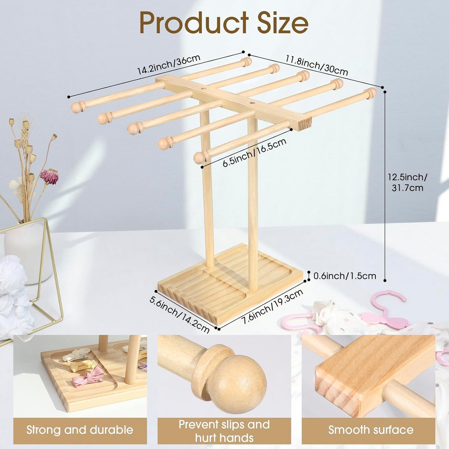 POVETIRE Headband Holder Stand Bow Organizer for Girls, 5 Row Wooden Bow Holder for Girls Hair Bows,Baby Headband Storage Infant Hair Accessories Rack Display for Nursery Decor