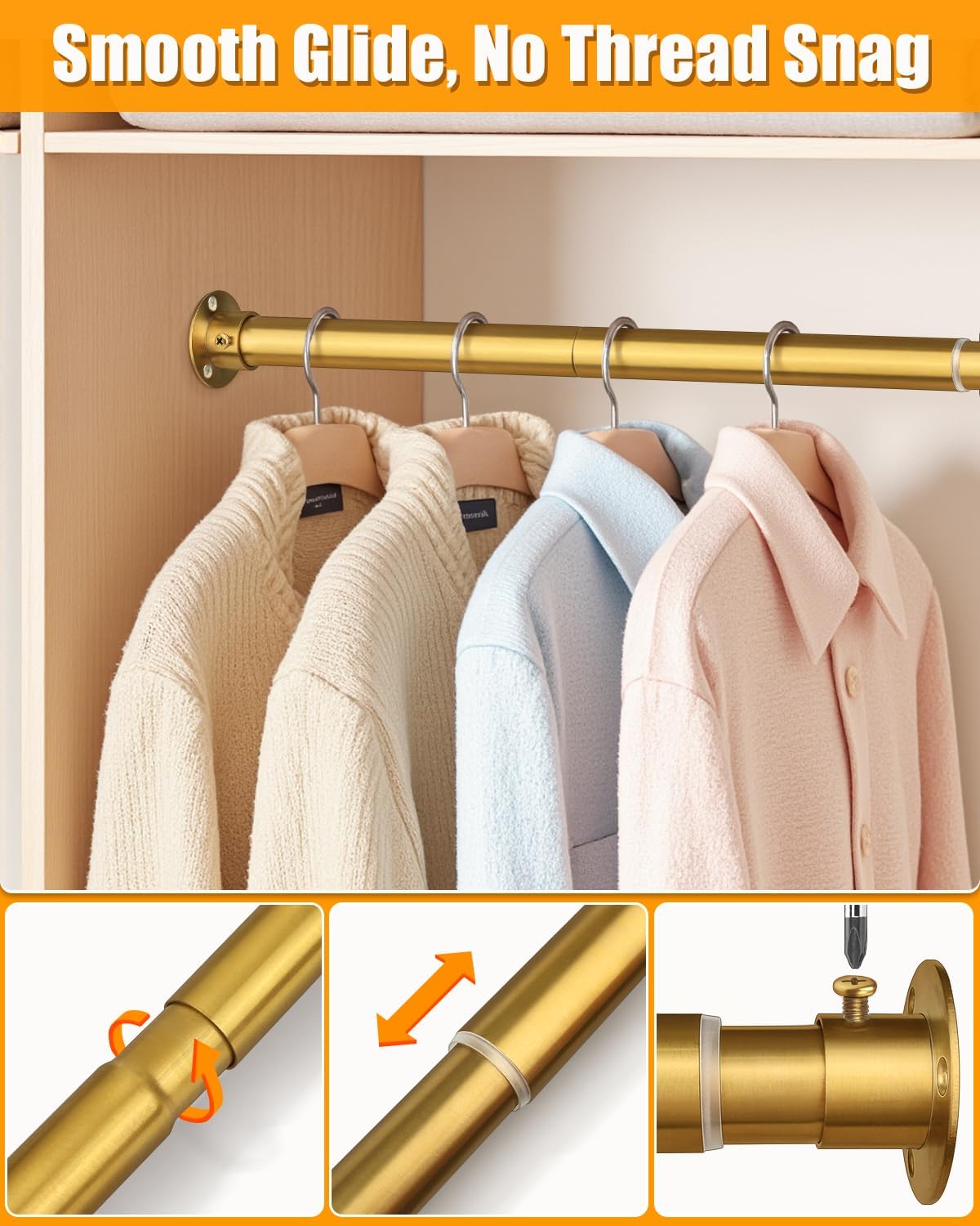 Closet Rods for Hanging Clothes, 17-40 Inch Heavy Duty and Stepless Adjustable Closet Poles, Stainless Steel Closet Hanging Rod for Closet, Wardrobes, Laundry Room, Bathroom, RV (Gold)
