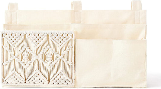 Mkono Bedside Caddy Hanging Organizer, Bunk Woven 7 Pockets Bed Storage Bag Boho Remote Magazine Books Holder with Macrame for Loft Bed College Dorm Bedroom Baby Bed Rails, Ivory