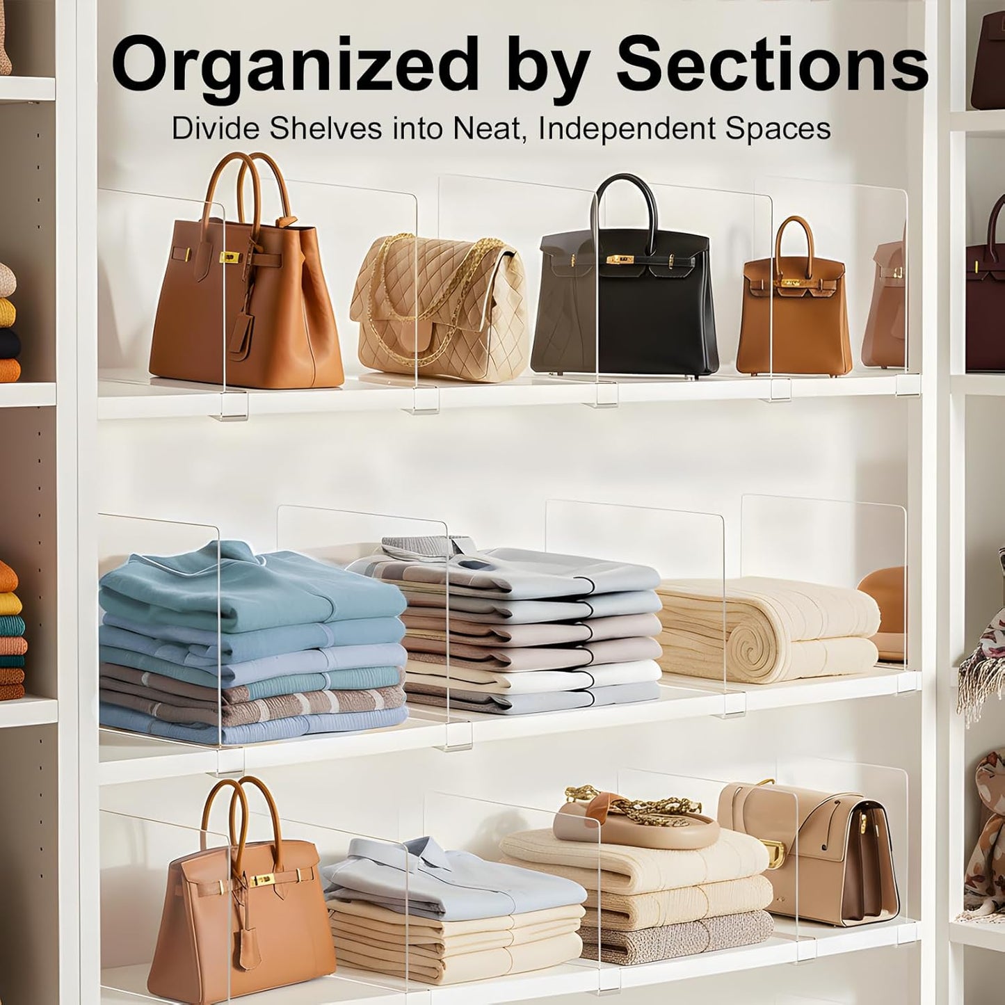 Purse Organizer for Closet Shelf Dividers: 12-Pack Adjustable Clear Acrylic Bag Storage Organizer for Handbags, Sweaters, Towels, Jeans and Shoes on Wood Shelves
