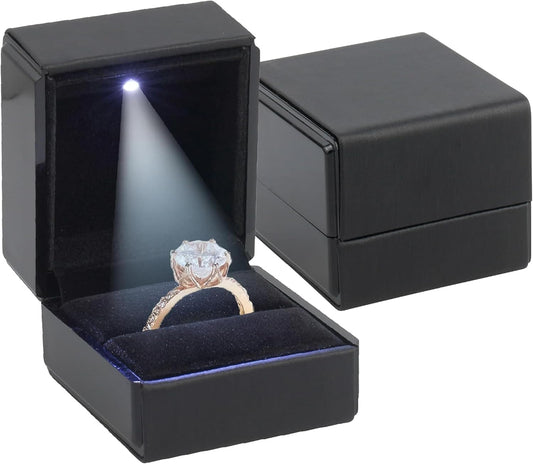 Novel Box Square Shaped Black Ring Box With LED Light 2.25X2X2.5 Inches - Jewelry Ring Case Best for Jewelry Displays - Gift Boxes for Mother's Day, Engagement, Anniversary & more Happy Occasions