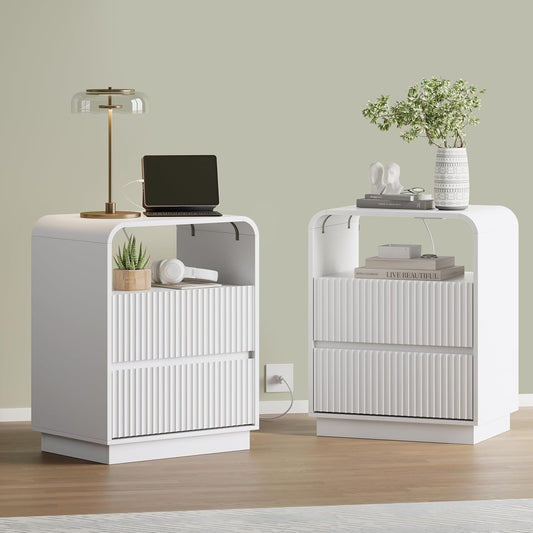 White Nightstands Set of 2 with Charging Station, Mid Century Modern End Tables & Bedside Tables, Fluted Wood Small Night Stands with 2 Hidden Drawers and Storage Shelf for Bedroom