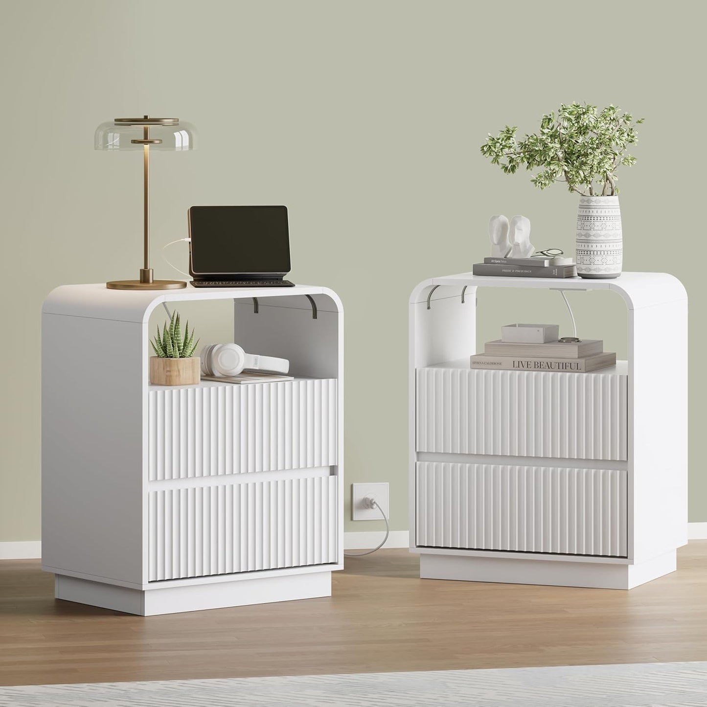 White Nightstand with Charging Station, Mid Century Modern Bedside Table & End Table, Fluted Wood Small Night Stand with 2 Hidden Drawers and Storage Shelf for Bedroom