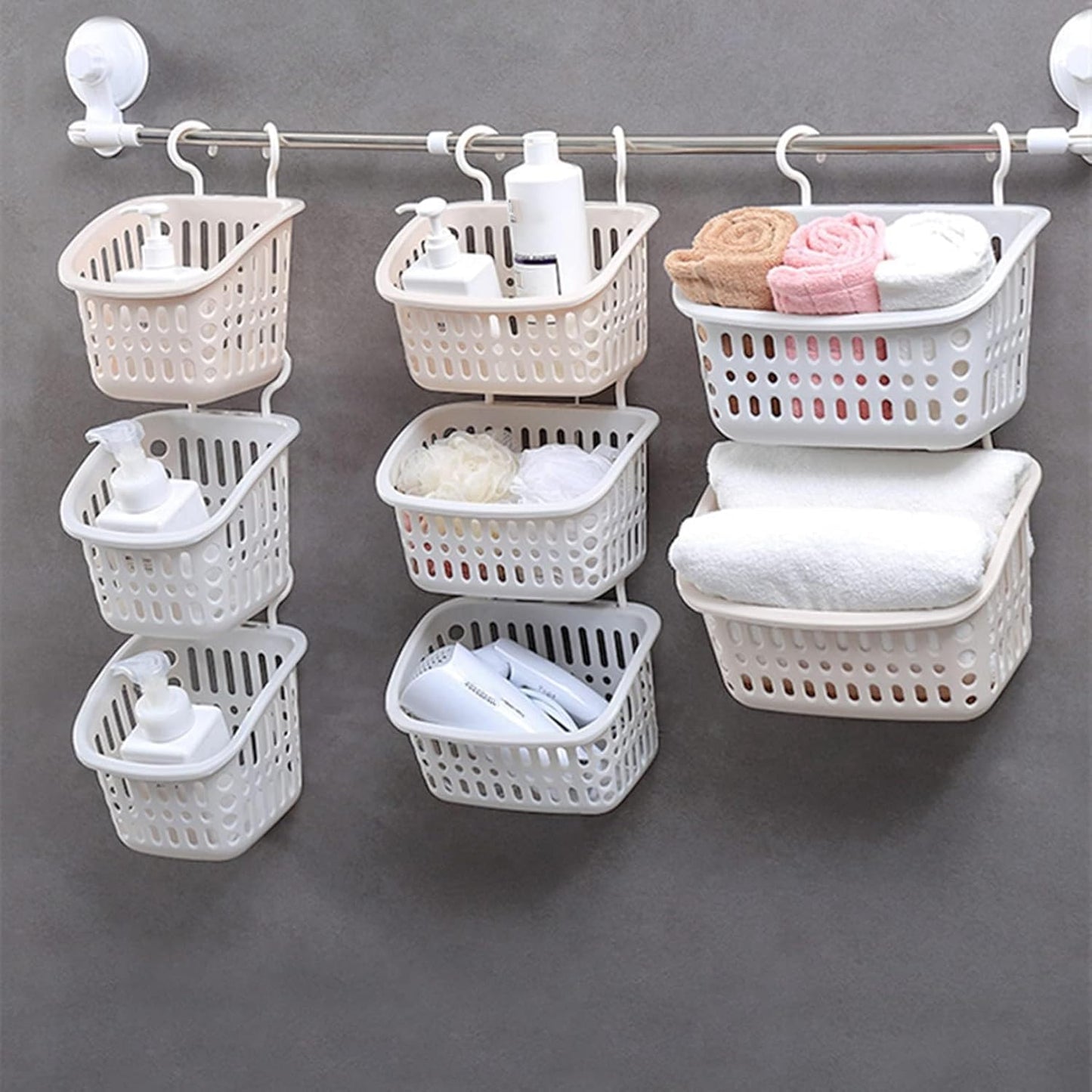 3PCS Plastic Hanging Baskets for Shower, Hanging Basket Organizer with Hooks, Rectangle 8.5Inches Small Hanging Storage Basket (Grey)