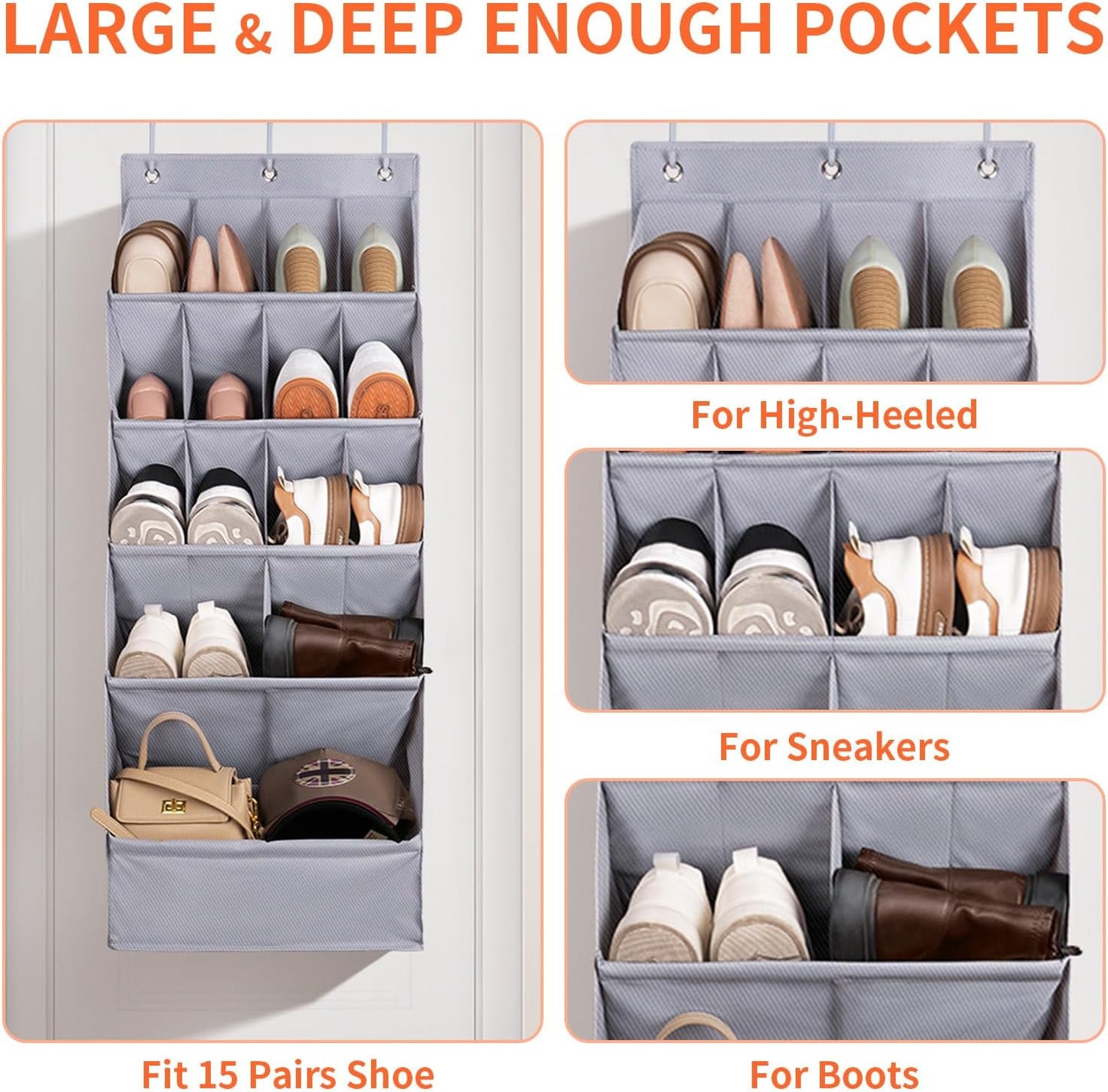 FENTEC 1 Pack Over-the-Door-Shoe-Organizers, Hanging Organizers with Large Pocket Shoe Holder Hanging Shoe Rack for Closet Shoe Organizer for Wall, Over Door Organizer with 15 Pockets Gray