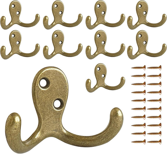 10 Pack Coat Hooks Wall Hooks for Hanging, Heavy Duty Double Prong Metal Hook Wall Mounted for Living Room, Bathroom, Kitchen, Bedroom for Coat, Bag, Scarf, Towel, Hat, Key, Cup (Bronze)